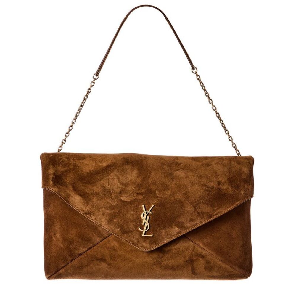 Saint Laurent Cassandre Xxl Suede Pouch On Chain, Brown